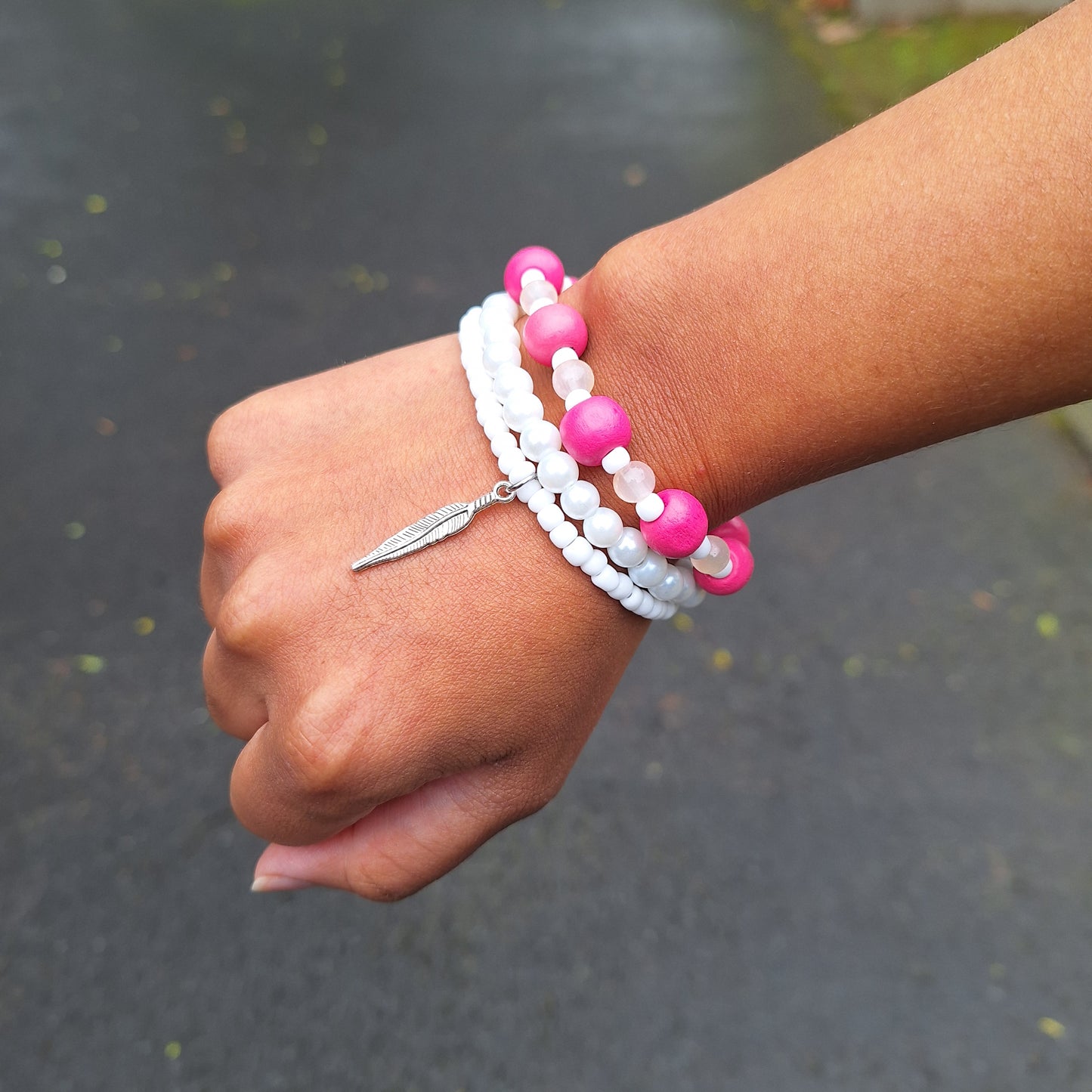 Pink bohemian stacking bracelets